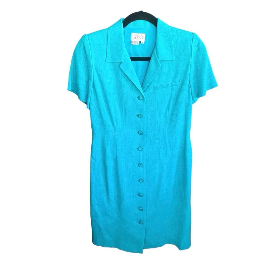 Adrianna Papell Women's Vintage Rayon Button Down Shirt Dress Teal Womens Size 8